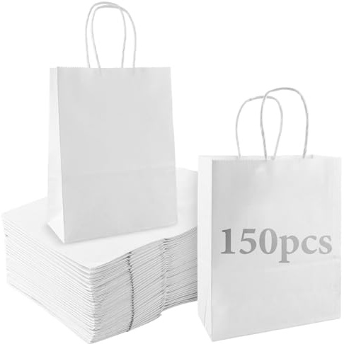 LDXDRU 150 Stück 15 x 21 x 8 cm Papiertüten mit Henkel, Klein Papiertüte Papier Geschenktüten Kraftpapiertüte, Papiertragetasche Geschenktüte für Weihnachten Geburtstag Hochzeit, Weiß