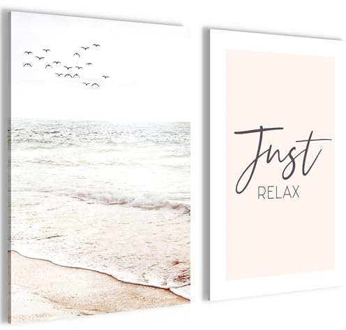 Novart Bilder Set Boho - KEIN EXTRA RAHMEN BENÖTIGT - Wandbilder für Wohnzimmer Schlafzimmer Büro - 2 Teilig Deko Strand - N038126a