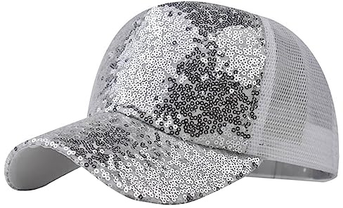 Glitzer Paillette Baseball Cap Herren Damen Metallic Glänzend Kappe 70er Pailletten Basecap Mode Casual Mütze Karneval Kostüm Disco Outfit Retro Hip Hop Performance Accessoire Baseballkappe Unisex