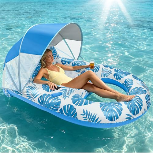 Cheffery Colchoneta Piscina Adultos, Inflable Flotador con Sombrilla Colchón de Aire Adulto con Portavasos y Respaldo para Verano Piscina Playa