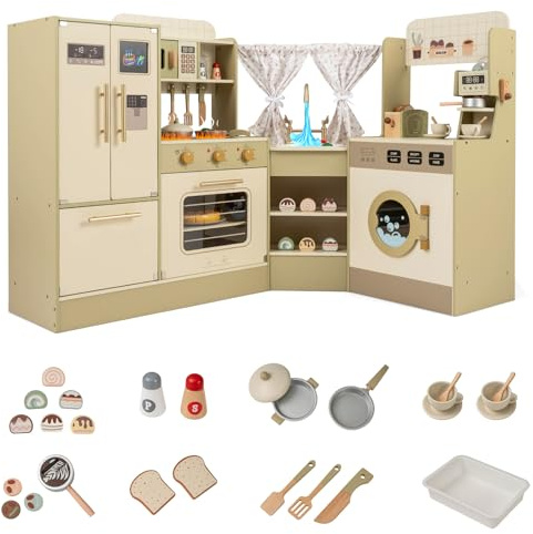 COSTWAY Cocina Juguete en Esquina de Madera, Set de Juego de Cocina de Juguete con Grifo, Lavavajillas, Cafetera, Frigorífico, Microondas, Tostadora y Accesorios, para Niños de 3+ Años