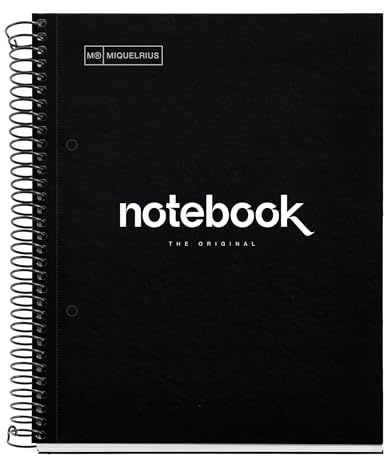 Miquelrius - Spiralblock A5 liniert 7 mm, Notebook Emotions, 80 Blatt 90 g/m², Farbstreifen, mikroperforiert, extra harter Umschlag, 2-fach gelocht, Schwarz