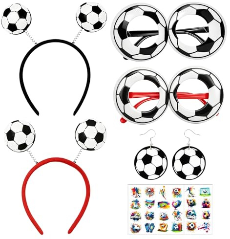 Fußball Haarreif Deutschland Fanartikel Set WM 2026 mit 2 Fußballbrillen, 2 Stirnband & 3 Tattoo Stickern, Fussball Kostüm Zubehör für Public Viewing Zubehör, Fanmeile Ac cessoires, Fußb Party Set