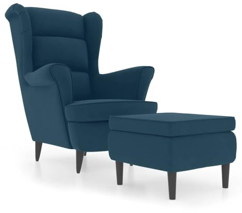 HETFTJN Blauer Samt Ohrensessel mit Hocker 78x90x96,5 cm Modernes Design Robustes Kautschukholz Beine Lesesessel Loungesessel für Wohnzimmer Schlafzimmer Balkon