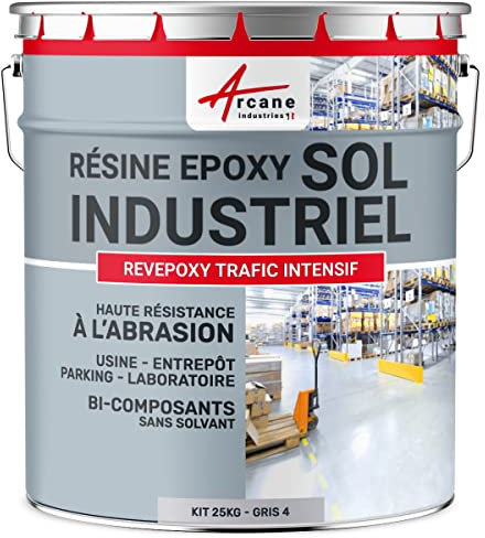 ARCANE INDUSTRIES Peinture Sol REVEPOXY TRAFIC INTENSIF : Résine Epoxy pour Sol Béton : Usine, Atelier Parking - 25 kg (jusqu'à 50 m² en 2 Couches) Telegris 4 - RAL 7047