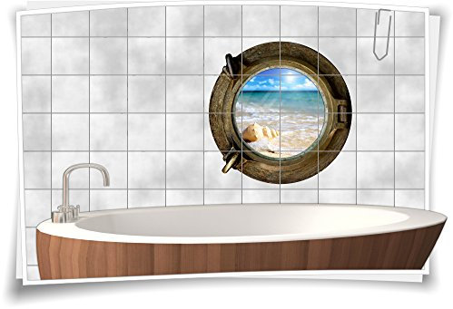 Fliesenaufkleber Fliesenbild Fliesen Bullauge Wasser Strand Meer Palmen Bad, 60x60cm, 20x20cm (BxH)