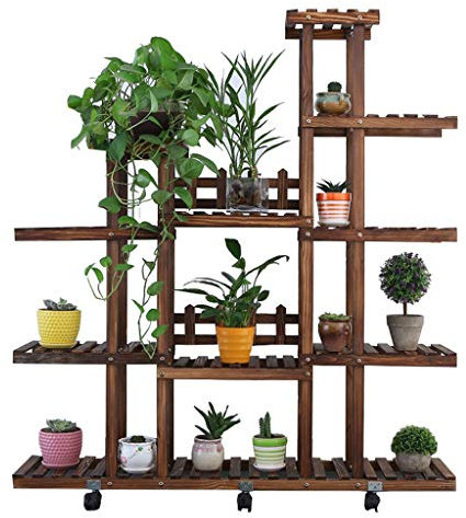 Blumentreppe Pflanzenregal Pflanzentreppe 5 abgestufte Leiter Holz Blumen stehen mit Rad Garten Terrasse Balkon stehend Pflanze Blumentopf Rack dekorative Display-Ständer Halter Blumentopf Regal-Indoo