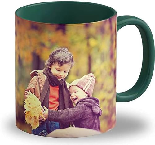 LOOXIS Mug personnalisé, à créer soi-même, à partir de sa photo + texte, différentes couleurs -Idée de cadeau anniversaire, mariage - impression panoramique sans bordure possible, 325ml. Vert foncé