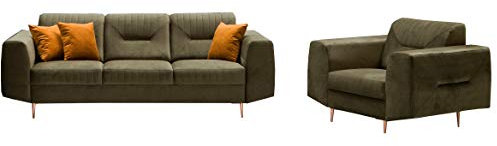 MOEBLO Polstergarnitur 3 Sitzer und Sessel Sofa Couch Garnitur Stoff Samt (Velour) Glamour Wohnlandschaft - 3+1 - Treviso (Grün)