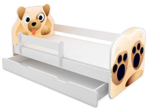 ACMA Tiere VII Kinderbett Jugendbett Matratze Rausfallschutz Lattenrost 140x70 160x80 180x80 (04 Hündchen, 140x70 cm + Bettkasten)