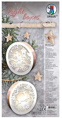 Ursus 21500003 - Light Boxes ca. Ø 15,3 cm Birds & Reindeer, 2 Laternendeckel und -böden, 2 Laser Cuts, 2 Kreise aus Transparentpapier 115 g/m², 2 LED Lichter, inkl. Zubehör und Bastelanleitung