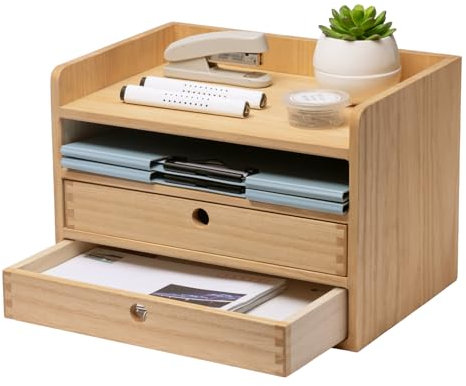 KIRIGEN Boîte de rangement en bois massif Fournitures de bureau, Organiseur de bureau, Plumier multifonctionnel, Grande capacité, Organiseur de bureau en bois couleur naturelle