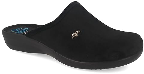 Fly Flot Damen Pantoffel Textil Hausschuh samtig weiche Haptik und Keilabsatz, Größe:38 EU, Farbe:Schwarz