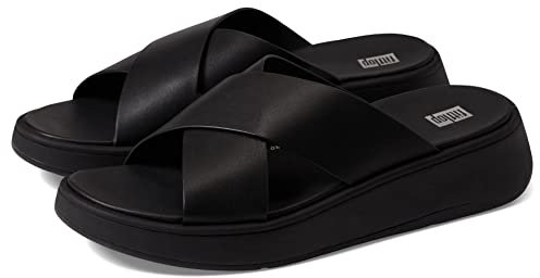 Fitflop Women's F-Mode Leather Flatform Cross Slides Wedge Sandal, All Black, 7 UK