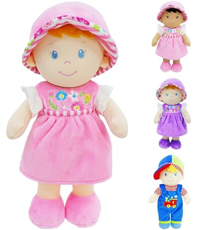 June Garden 12 Soft Dolly Emilia - Stuffed Soft Baby Doll Gift for 1 2 3 Year Old Girls - Pink Dress