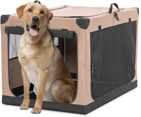 Petsfit Hundebox faltbar große Hunde Hundetransportbox Auto Transportbox Hund aus Stoff mit integriertem Aluminium Rahmen, Einstellbare Stoffbezug durch Spiralschlauch, Verstärkung Nähen,L,Khaki