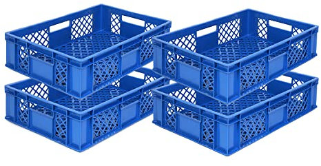 DIE BOX FABRIK 4er SET Bäckerkisten 600x400x150mm, Bäckerkiste, Brotkiste, Brotkörbe, Brötchenkiste, Aufbewahrungsbox offen, 60x40x15cm, Stapelbehälter, Eurobehälter, Stapelkisten (Blau)