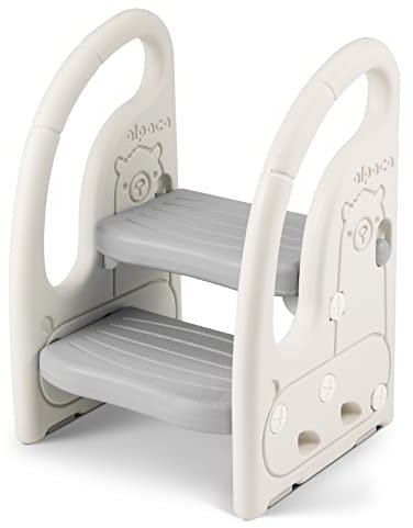 Onasti Tritthocker für Kinder, Dreistufiger Höhenverstellbar Tritt-Schemel Kinderschemel für Baby, Bequemer Handslauf, Multifunktion, Anti-Rutsch, Ab ca. 1.5 bis ca. 6 Jahre -, (Grau-2Stufen)
