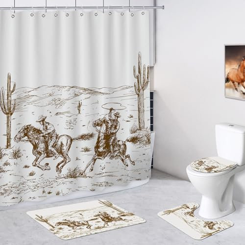 Faitove Set di 4 tende da doccia con tappeti, copriwater e tappetino da bagno, set di tende da doccia vintage con cavallo selvatico e cactus, in poliestere impermeabile, 182,9 x 182,9 cm