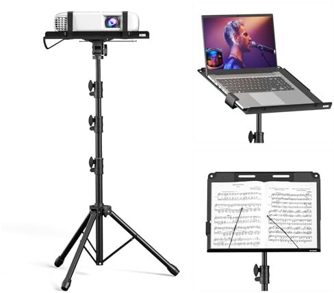 KDD Projector Stand, 4 in 1 Foldable Music Stand with Spring Arm Laptop Floor Stand Tablet Holder with Sliding Lever, Projector Stand Height Adjustable from 59 to 160 cm & 180° Rotatable
