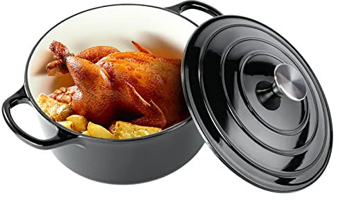 Miereirl 6 QT emaillierter Dutch Oven Topf mit Deckel, Gusseisen Dutch Oven mit zwei Griffen zum Brotbacken, Kochen, antihaftbeschichtetes Kochgeschirr (schwarz)