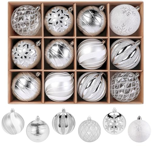 SHareconn 12 Stück Weihnachtskugeln Plastik, Christbaumschmuck, Silber/Weiß | 80mm Christbaumkugeln, Aufhängeschnüre Enthalten, Bruchsicheres Kunststoff, für Weihnachtsbaum Deko, Urlaub, Party