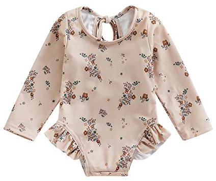 Maillot de Bain Bébé Fille Anti-UV Combinaison de Natation à Volants Manches Longues Imprimé Arc-en-Ciel pour Piscine Plage Sport Vacances Swimwear (Abricot, 18-24 Mois)