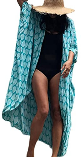 KCatsy Plus Size Leaf Pattern Print Half Sleeve Kimono Cardigan Tie Waist Belted Cover-Up Bohemian Resort Beach-Wear Loose Oversized Robe Costume Cover E Leaf Teal One3XL 26-28