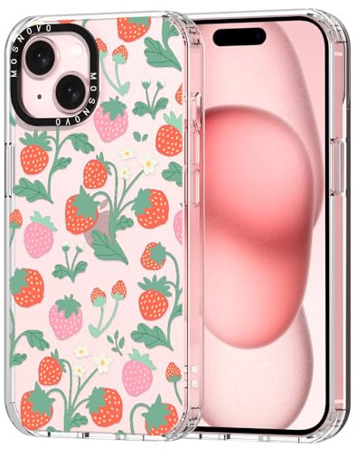 MOSNOVO Case for iPhone 15, [Buffertech 6.6ft Military-Grade Drop Protection] [Anti Peel Off Tech] Clear TPU Bumper Phone Case Cover Design - Strawberry Garden
