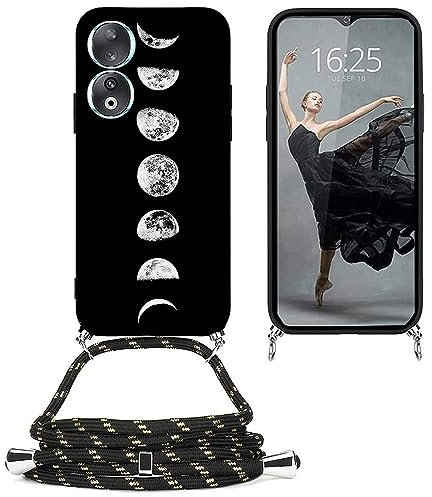 EuoDuo Compatible avec Honor 90 5G Coque Cordon Tour de Cou Telephone Portable Réglable Collier Étui Silicone TPU Noir Motifs Cover Protection Complète - Lune