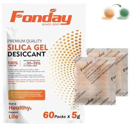 60Packs x 5Gram Fonday Moisture Indicating Silica Gel Desiccant Food Grade Quick Reactivation Desiccant Moisture Bag with Display from Orange to Green