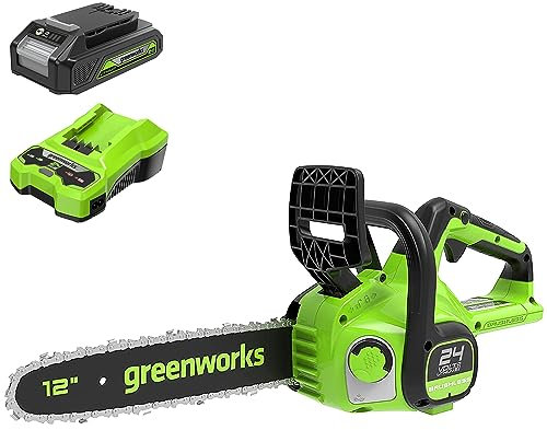 Greenworks Motosega a batteria con batteria da 24 V 2 Ah e caricabatterie, motore brushless, lunghezza lama da 30 cm, velocità della catena 7,8 m/s, sistema a olio automatico, protezione contraccolpo