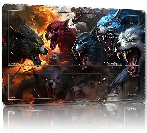Malqiqi Spielmatte für MTG, mit kostenlosen Aufbewahrungstaschen, Spielmatte 61 x 35,6 cm, TCG und Brettspielmatte für Karten, Mauspad, Schreibtischmatten (Magischer Wolf-Hilfskampf)