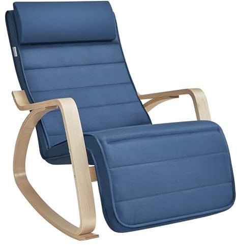 SONGMICS Sedia a Dondolo, Poltrona a Dondolo con Braccioli in Betulla, Poggiapiedi Regolabile a 5 Altezze, Portata 150 kg, per Soggiorno Camera da Letto, Blu Notte e Naturale LYY010Q01