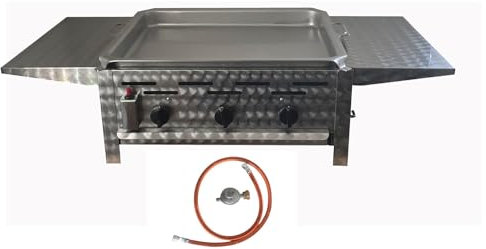 BSR-Grillen 3-flammiger Profi Gasgrill aus Edelstahl, stufenlos regelbar, Gasbräter, Gastrogrill, Gastrobräter mit Gasschlauch und Druckminderer (11 kW | Grillpfanne Emaillie | Seitenablagen)
