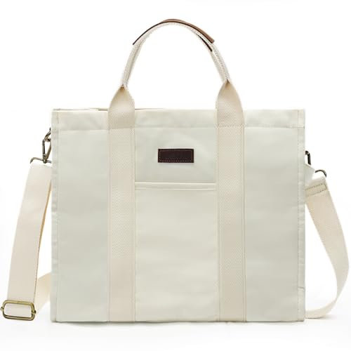 VASCHY Bolso Mujer, Bolso Bandolera Lona Bolso Shopper Casual Bolso Trabajo Resuable Bolsa Portátil Bolso de Hombro con Cremallera Bolsa Playa Bolso Mano para Compras Viaje Escuela, Beige-13L