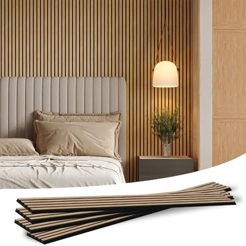 SOCBAZZAR Wood Slat Acoustic Panels for Wall and Ceiling, 3D Fluted Wood Veneer Paneling, 94.5 x 8 Each Soundpoof Wooden Slat Wall Panel - White Oak, 4 Pack