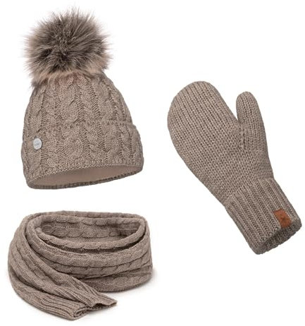 ELIMELI® Damen Winter Mütze warme Strickmütze Wintermütze mit Bommel Slouch Strick Beanie Damen für Winter Bommelmütze Hergestellt in EU Farbenauswahl 15568 (Cappuccino - Mütze Schal Handschuhe)