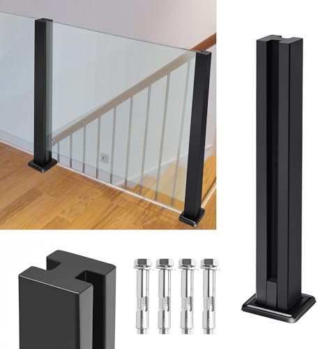YRHome Edelstahl Geländerpfosten Glasklemme Glashalter Glasgeländerpfosten Glasgeländer Glas Balustraden-Geländerpfostenklemme für Balkonterrasse Außenpool (Schwarz-Mittelpfosten, 95cm/37.4)
