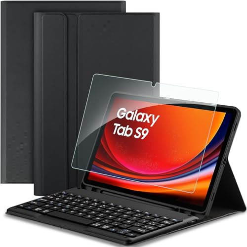 EasyAcc Funda con Teclado Compatible con Samsung Galaxy Tab S10 FE 10.9 2025 / S9 FE 10.9 2023 / S9 11 2023 con Película Protectora, Funda Protectora para Teclado Extraíble con Portalápices, Negro