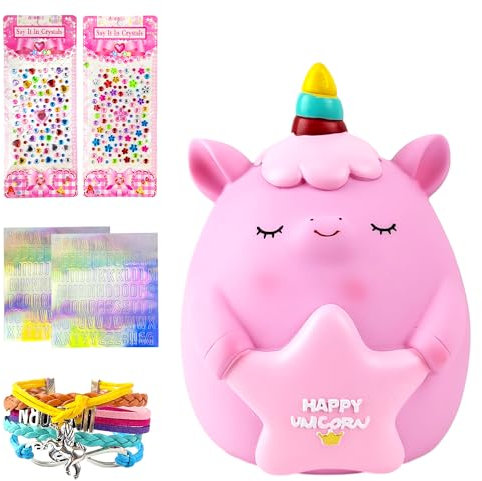 4 Pièces Tirelire Enfant Kit, Rose Tirelire Licorne Livré avec Bracelet, Autocollants Strass et Autocollants Laser, Tirelire Cochon Incassable, pour Enfants Les Cadeaux d'anniversaire et de Vacances