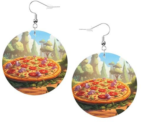 Große runde Pizza-Ohrringe, Anhänger, 2 Stück, stilvoll und schön, leicht, baumelnd für Frauen und Mädchen, Einheitsgröße, Leder