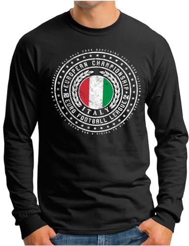 OM3® Italien Langarm Shirt | Herren | Italia Italy Teamshirt Flagge Fussball EM Fanshirt | Schwarz, L