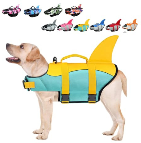 Giubbotti Di Salvataggio Per Cani Giubbotto Squalo Salvagente Per Animali Domestici Salvagente Gilet con Manico e Riflettente Per Cani Piccoli, Medi e Grandi, Taglia Regolabile Verde+Giallo XS
