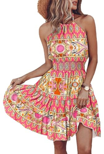 ABINGOO Robe Femme Été Bohème sans Manche Dos Nu Taille Haute A-Line Swing MiniRobe Décontractée Imprimé Fleuri Robes(Rose,M)