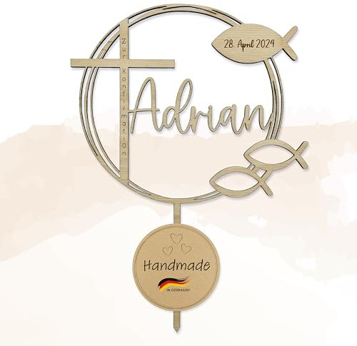 Birdart Box® Taufe, Konfirmation, Kommunion Tortenstecker mit Namen – personalisierter Tortenstecker aus umweltfreundlichem Holz, stabiler Cake Topper 15cm Durchmesser (Silber)