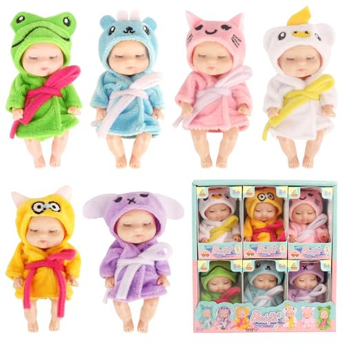 Dhqkqg Babypuppe, 6 Stück 4,3 Zoll Puppe und Kleidung Set, Mini Reborn Puppen, Waschbares Babypuppen Set, Realistische Bewegliche Babypuppe, für Kinder ab 3+ Jahren