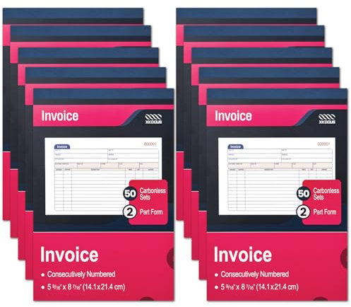XKDOUS Rechnungsbuch, 2-teilig, selbstdurchschreibend, 14 x 21 cm, Rechnungsbeleg für kleine Unternehmen, 50 Sets pro Buch, 10 Stück