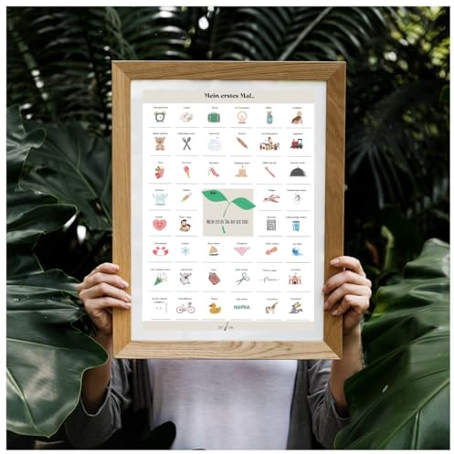 Poster MEMORY - Mein erstes Mal - Geschenk zur Geburt und Taufe (mit Holzrahmen und Stempel, 40x60)