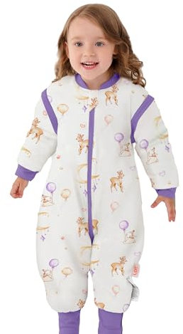 LAT Baby Schlafsack mit Füßen Abnehmbare Ärmel, 2.5 TOG 100% Baumwolle Baby Winter Schlafsack, 3-Wege-Reißverschluss Kinderschlafsack mit Füßen (Reh, S)